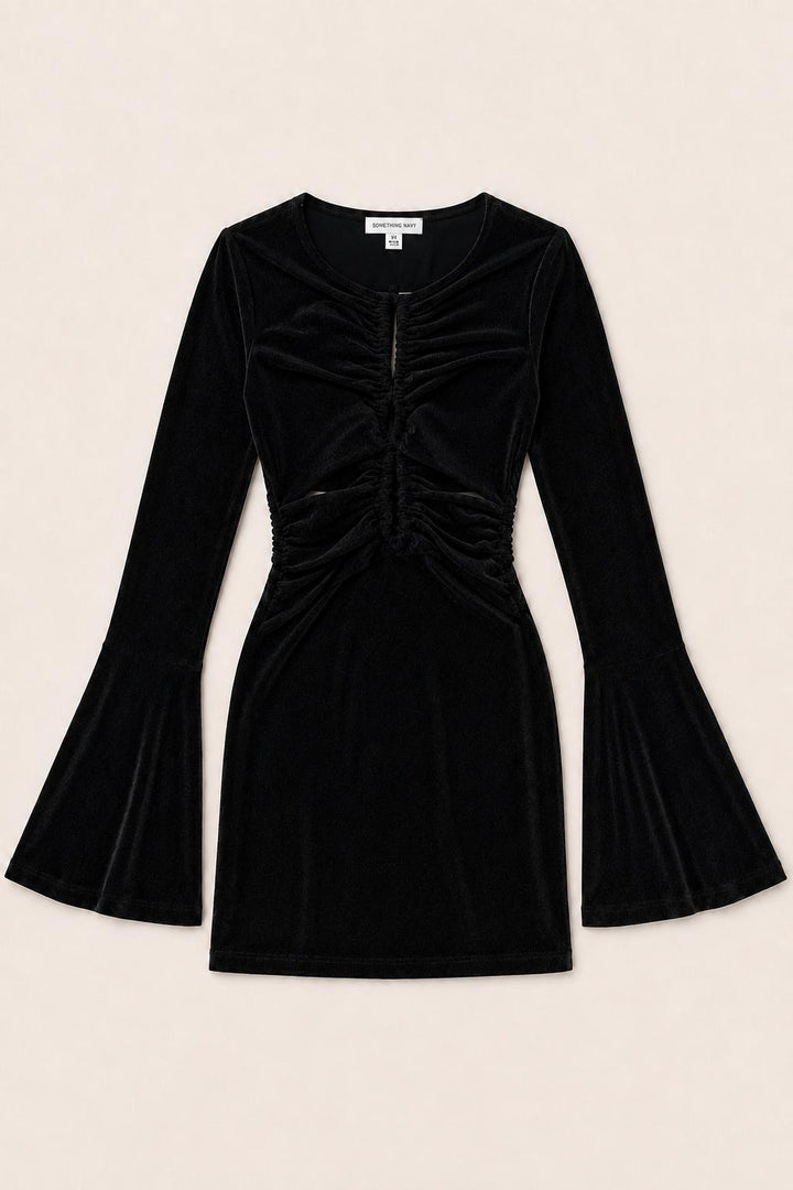 Lurex Cinched Mini Dress With Bell Sleeves - Black