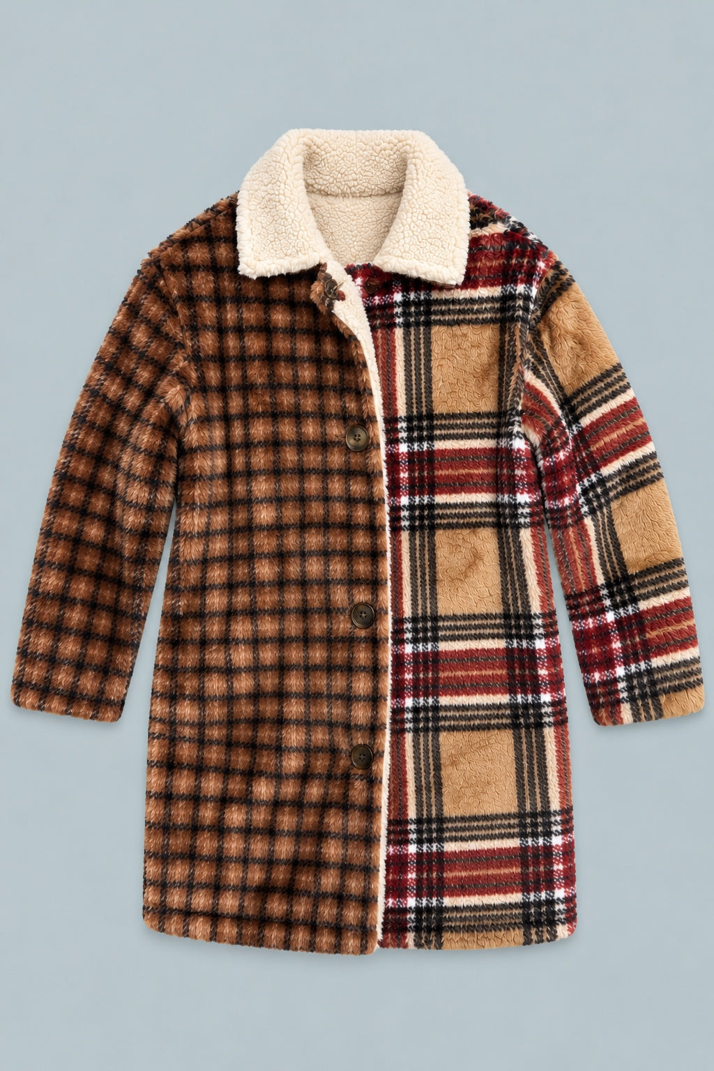Faux Fur Contrast Plaid Coat - Brown/Camel