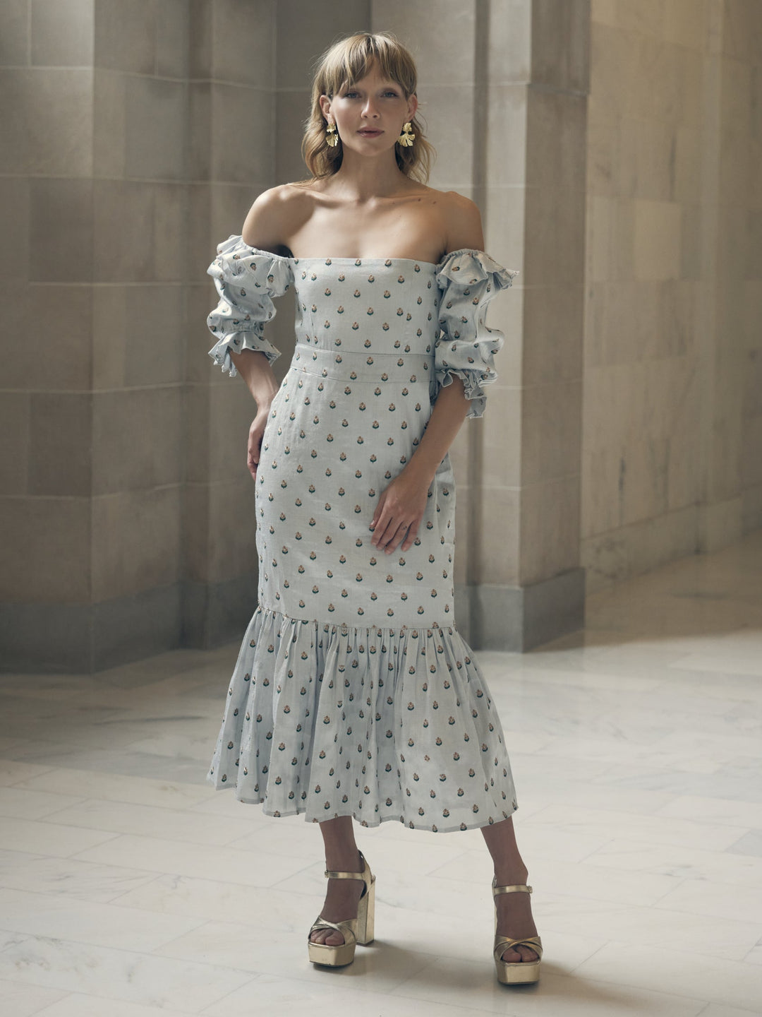 Desirae Embroidered Midi Dress - Light Silver/Micro Floral Embroidery