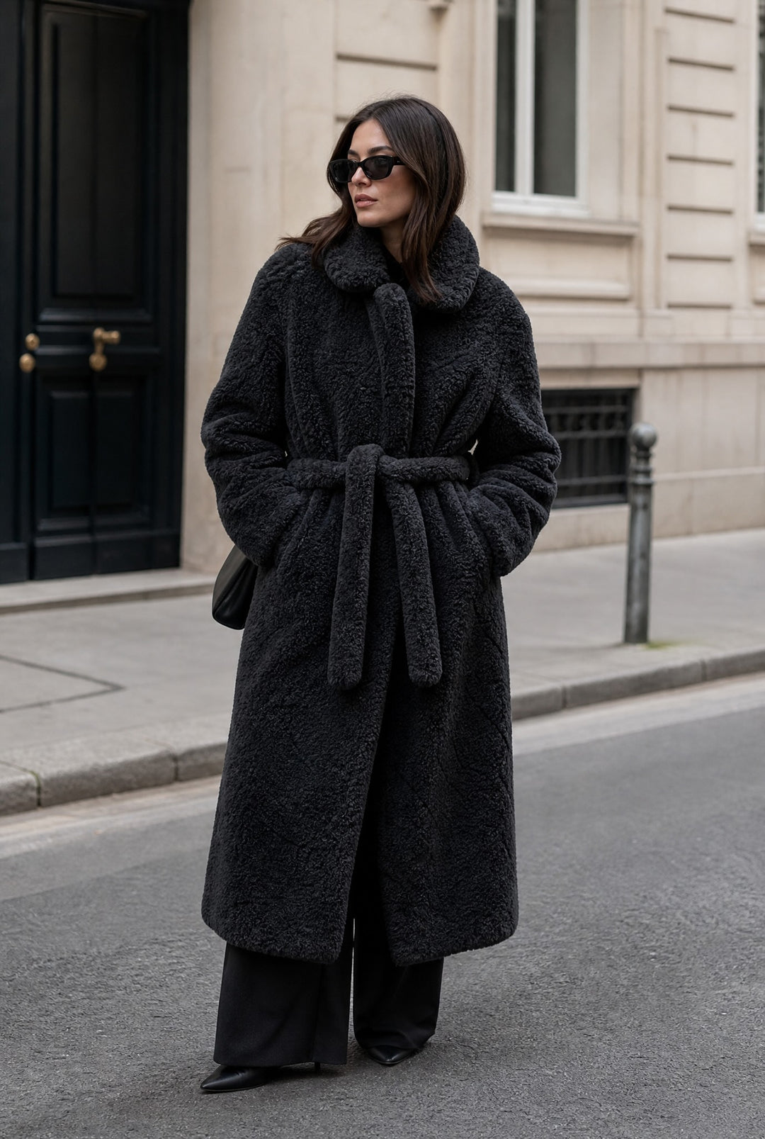 Faux Fur Belted Coat - Black