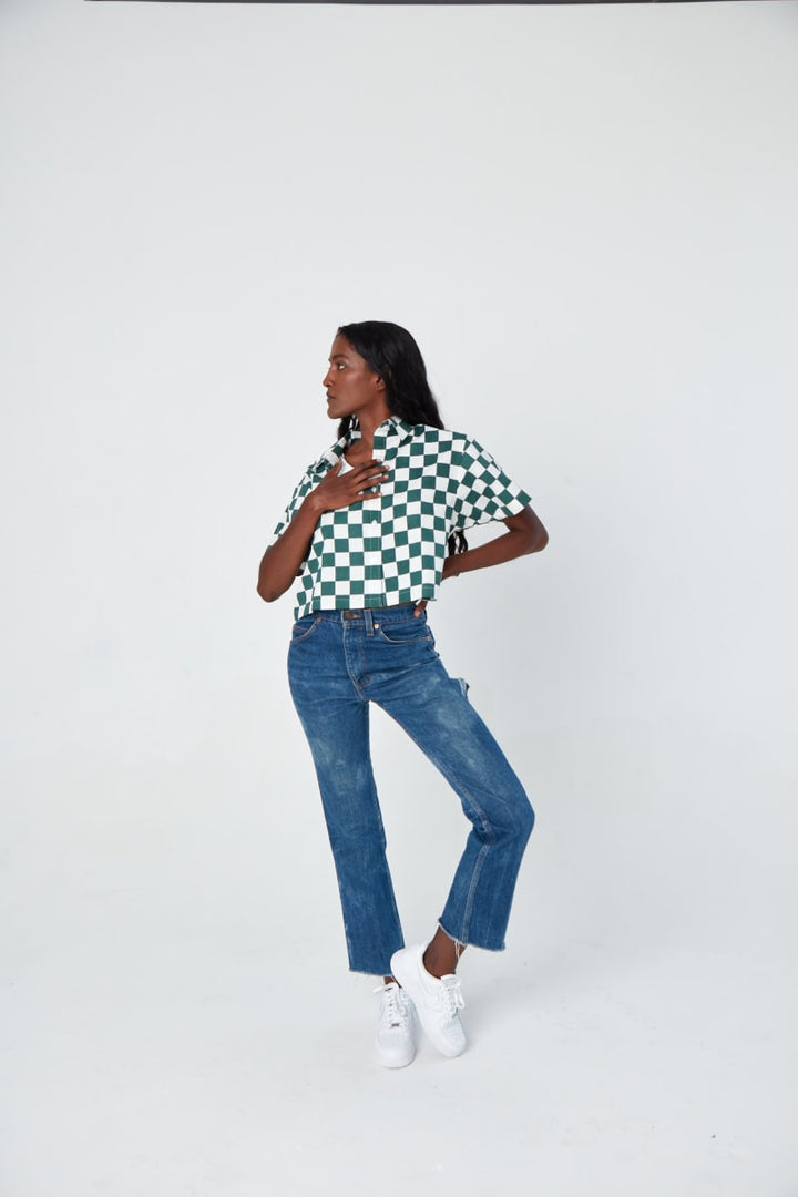 Hand Printed 'The Cami' Crop Shirt - Green And White Chessboard