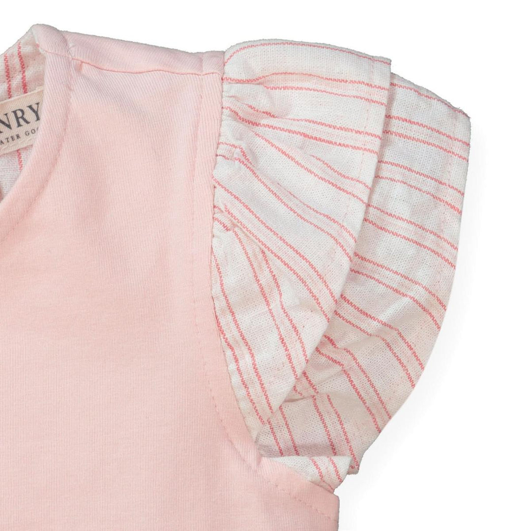 Knit Top with Woven Flutter Sleeves - Light Pink with Stripe Sleeves
