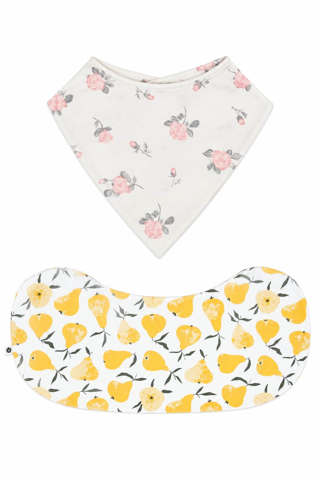 Sweet Bamboo Bib & Burp Cloth Set - Roses White + Pears