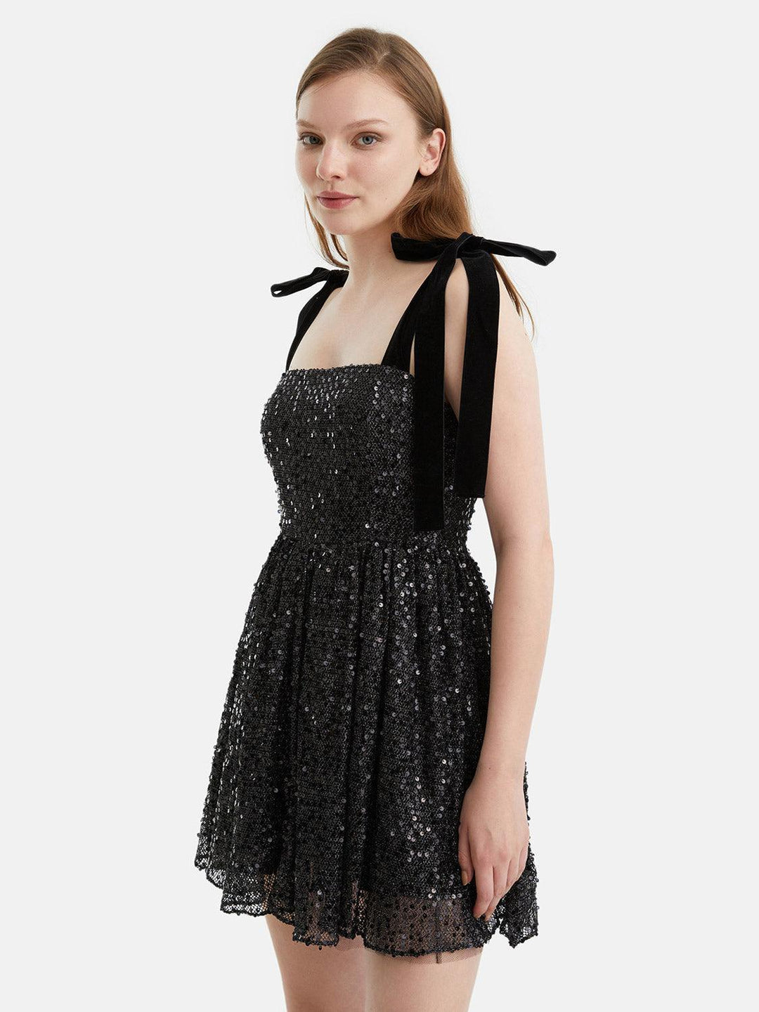 Sequined Flowy Mini Dress - Black