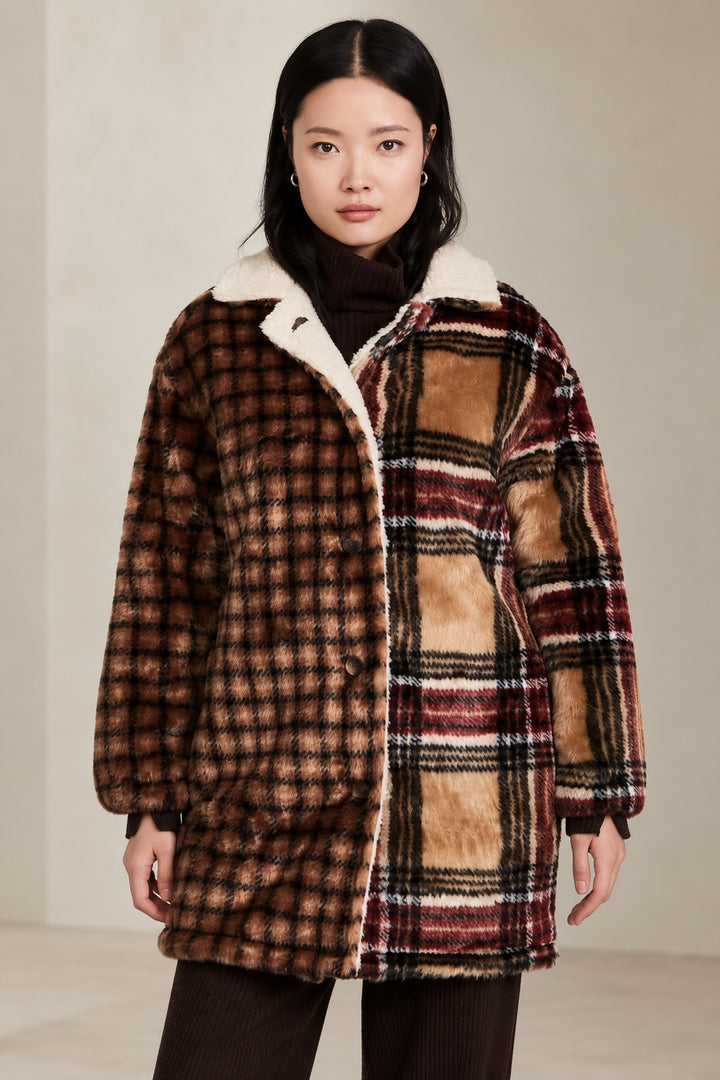 Faux Fur Contrast Plaid Coat - Brown/Camel