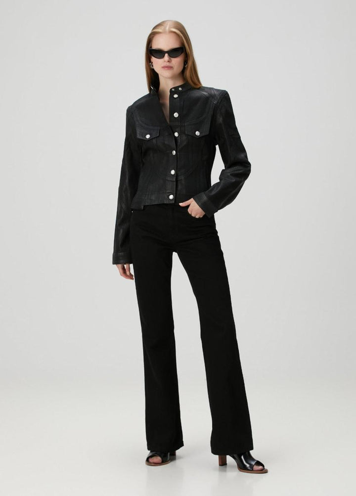 Pure Cotton Shiny Coated Women Denim Jacket - Black