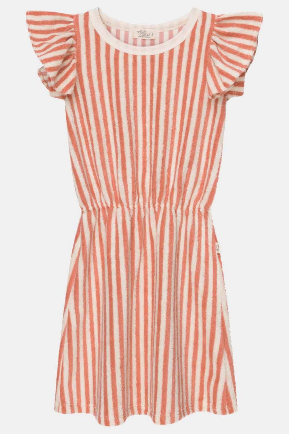 Toweling stripe ruffle dress - Coral