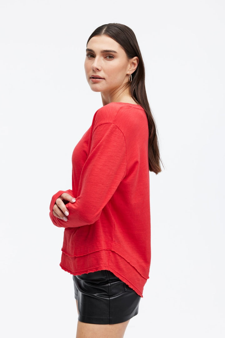 Ava V-Neck Mock Layer Long Sleeve T-Shirt - Cherry