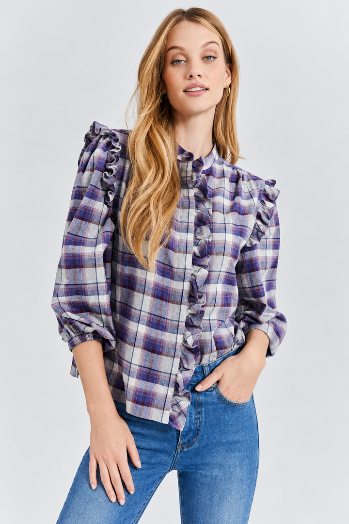 Flannel Plaid Ruffle Shirt - Purple Combo