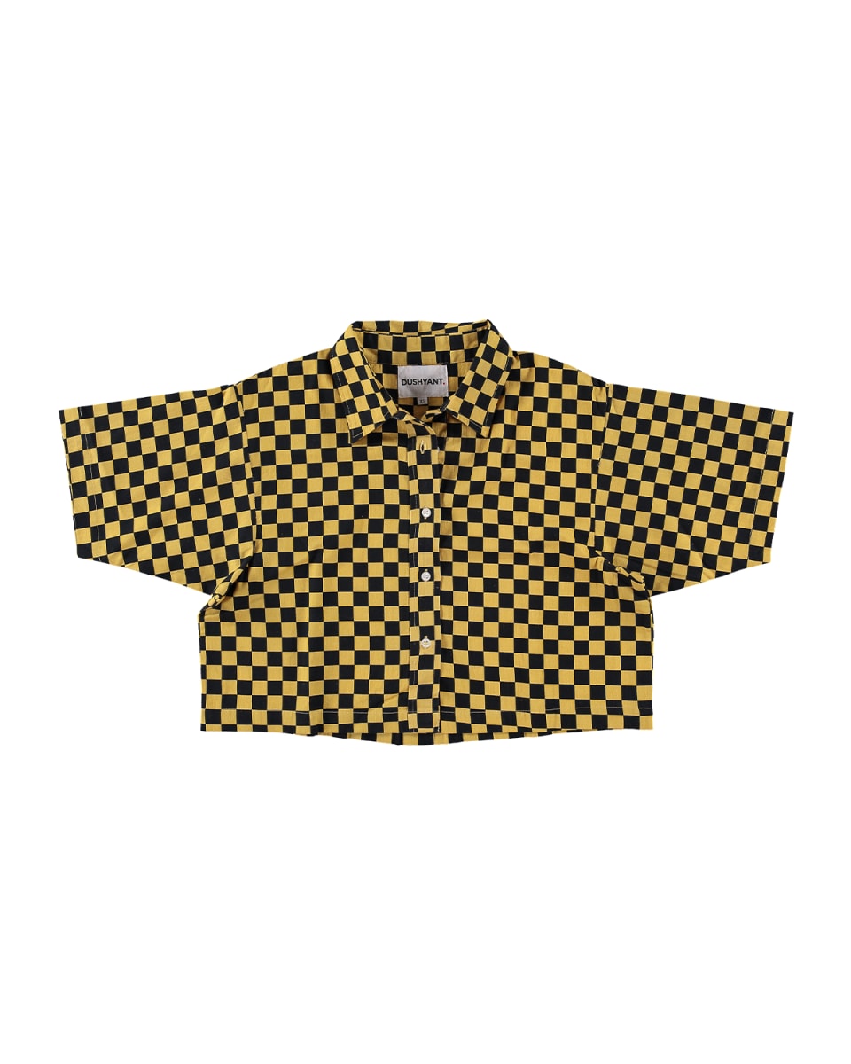 Hand Printed 'The Cami' Crop Shirt - Yellow And Black Checkers