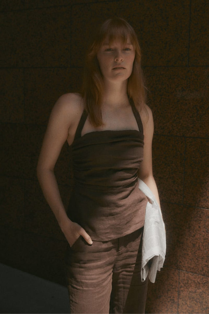 Ryder Linen Halter Top - Chocolate