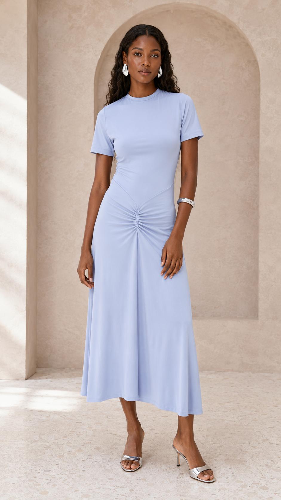 Gathered Waist T-Shirt Midi Dress - Delphinium Blue
