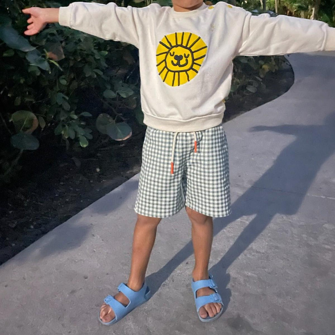 Recycled Cotton Gingham Kid Shorts - Natural/faded Denim