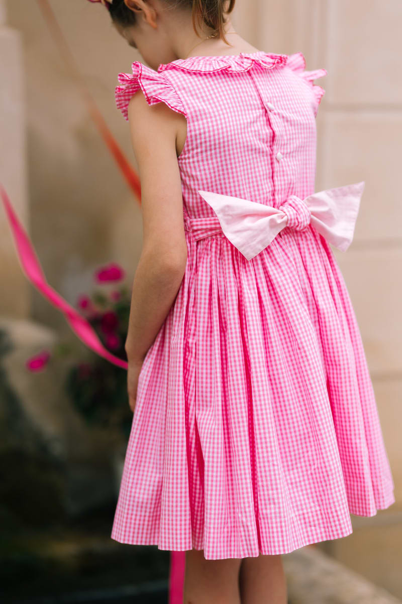 Tulip Pink Gingham Frilled Cap Sleeve Smocked Dress - Floral/Checkered