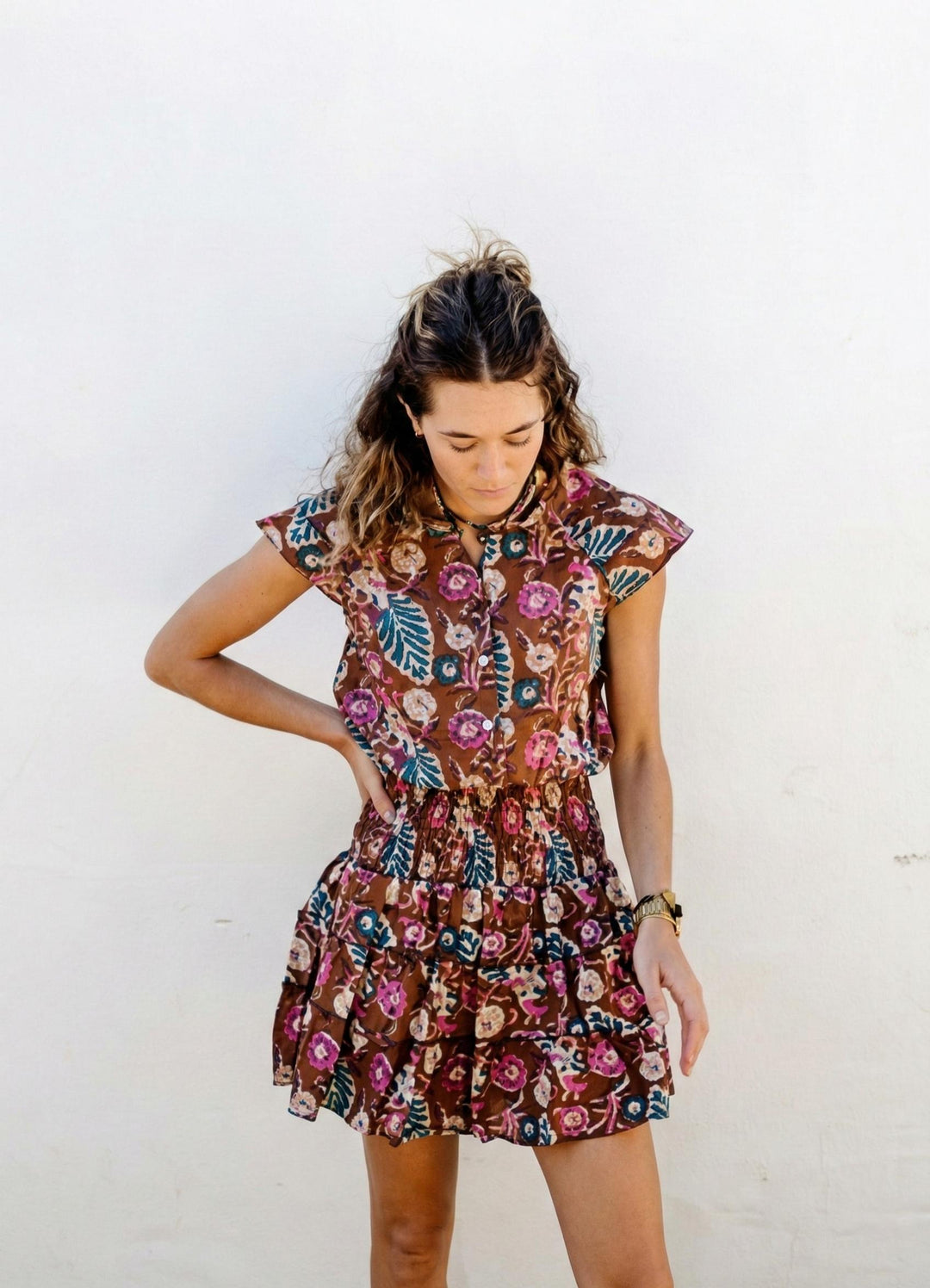 Jenny Cotton Mini Dress - Chocolate Floral