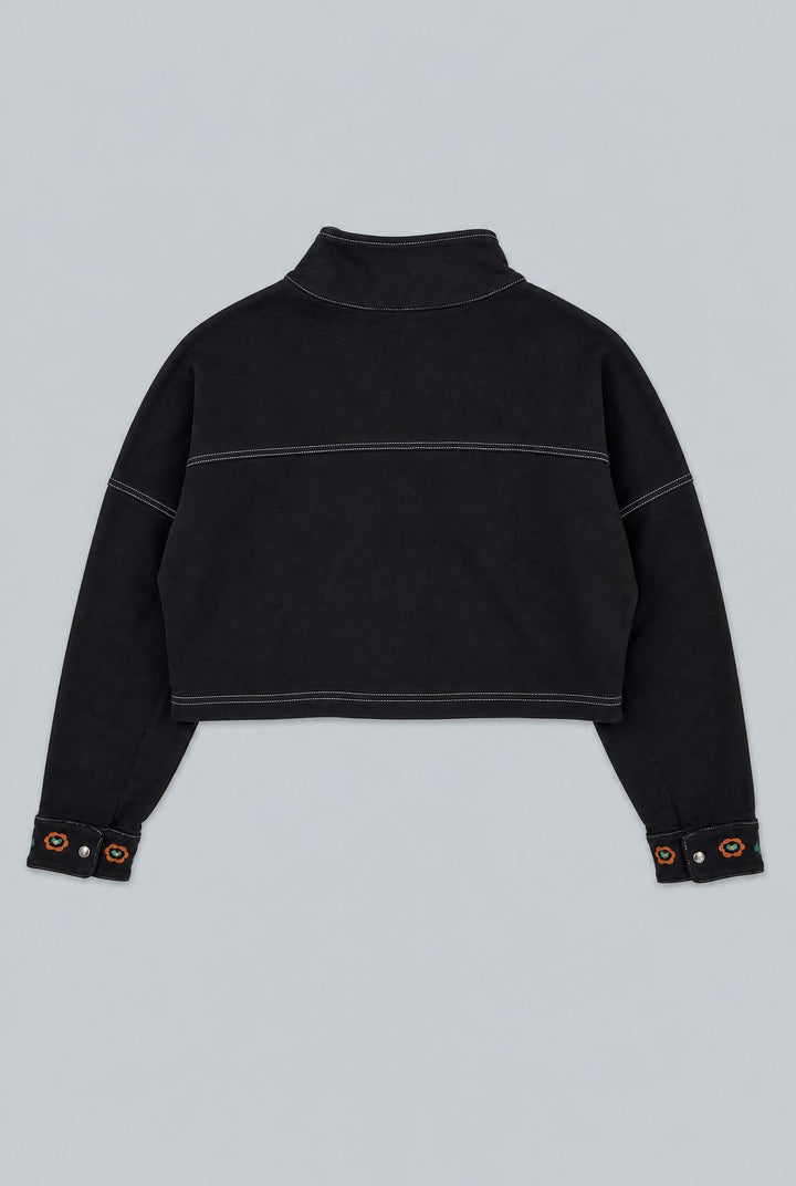 Embroidered Henley Sweatshirt - Black