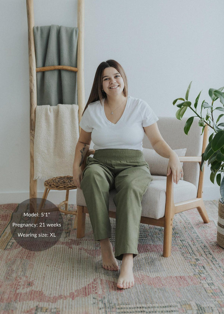 Transitional Maternity Linen Pant - Extended Inseam - Olive