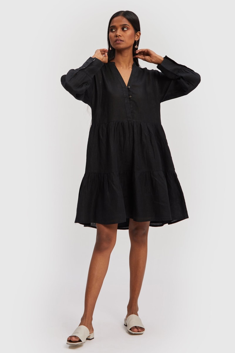 V-Neck Tiered Dress - Black