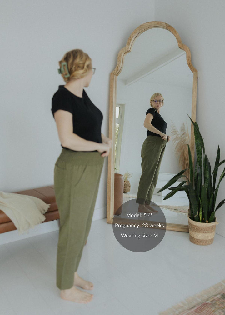 Transitional Maternity Linen Pant - Extended Inseam - Olive