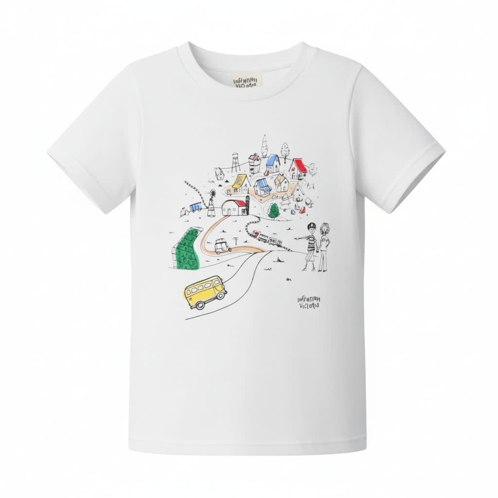 Infographics T-Shirt With Printed Village For Kids - White