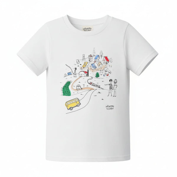 Infographics T-Shirt With Printed Village For Kids - White
