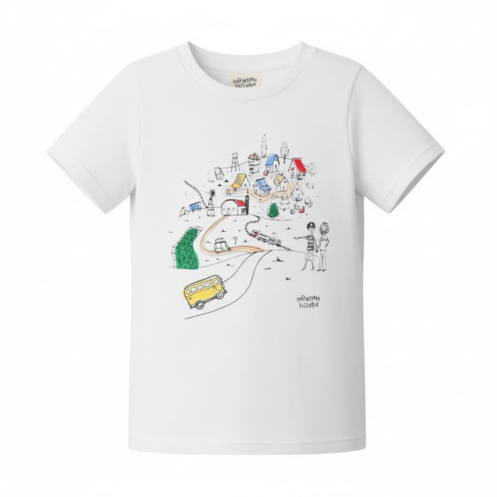 Infographics T-Shirt With Printed Village For Kids - White