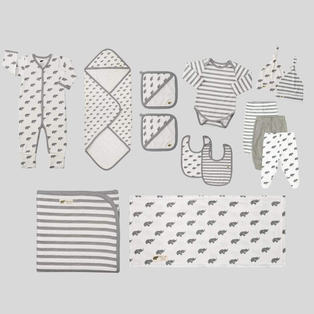 14 Item Baby Essentials Bundle - Grey Elephant Stripe
