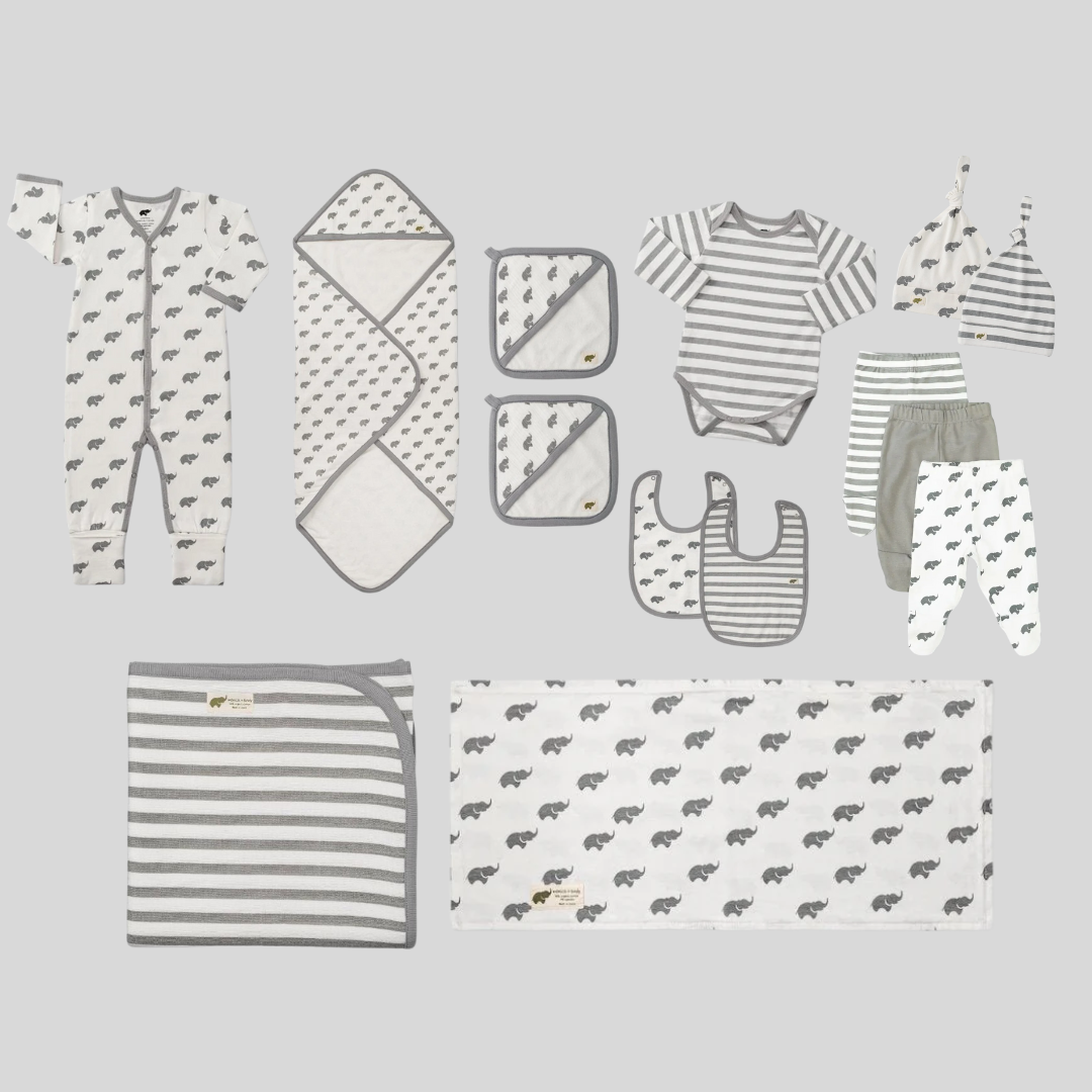 14 Item Baby Essentials Bundle - Grey Elephant Stripe