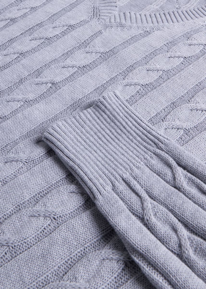Cotton Cable V Neck Pullover - Silver