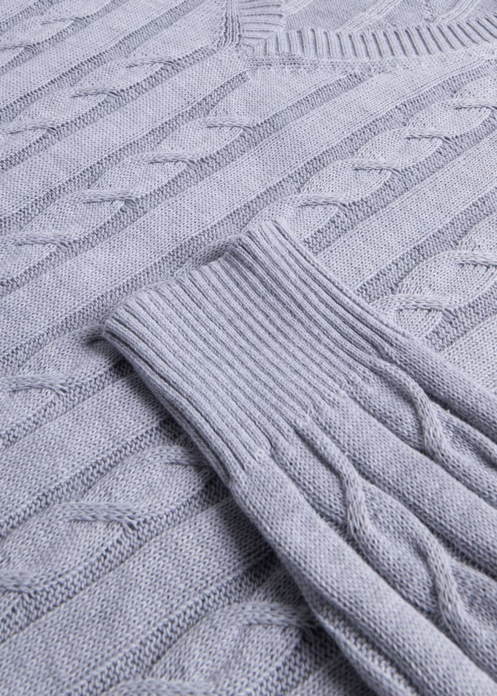 Cotton Cable V Neck Pullover - Silver