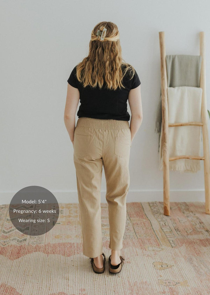 Adult Plus Size Transitional Maternity Smocked Linen Pant - Camel