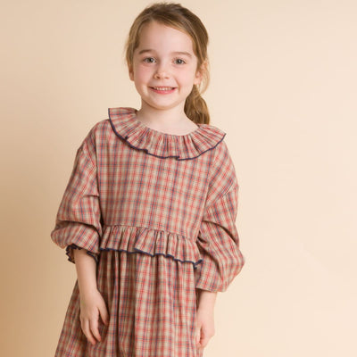 Girls' Ruffle Collar Long Sleeve Dress - Red And Blue Check