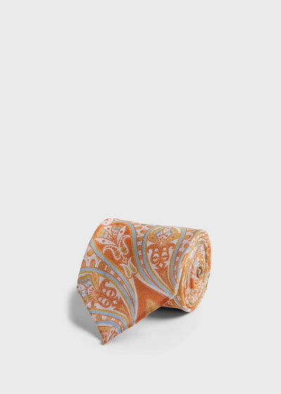 Printed Linen Paisley Tie - Orange