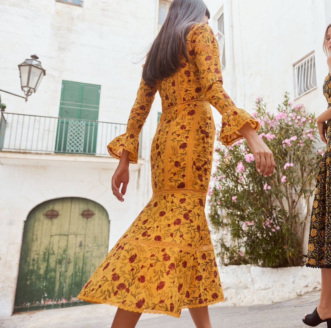 Tina Fluted Pencil Dress - Golden Marguerite & Chili Floral print