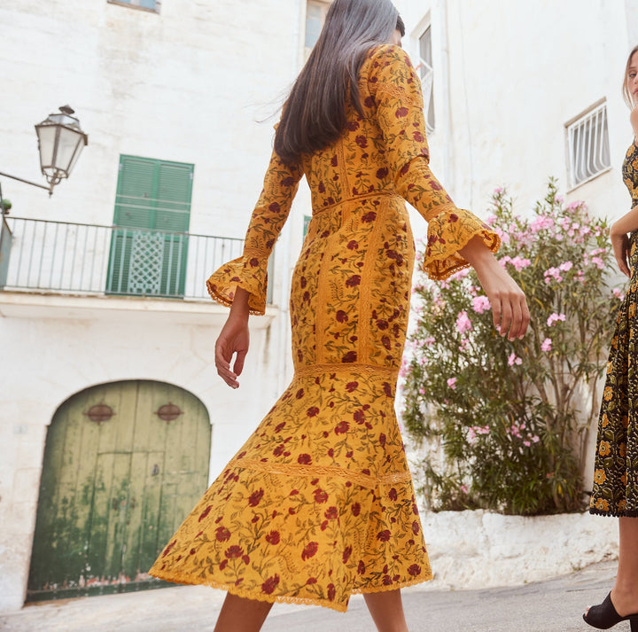 Tina Fluted Pencil Dress - Golden Marguerite & Chili Floral print