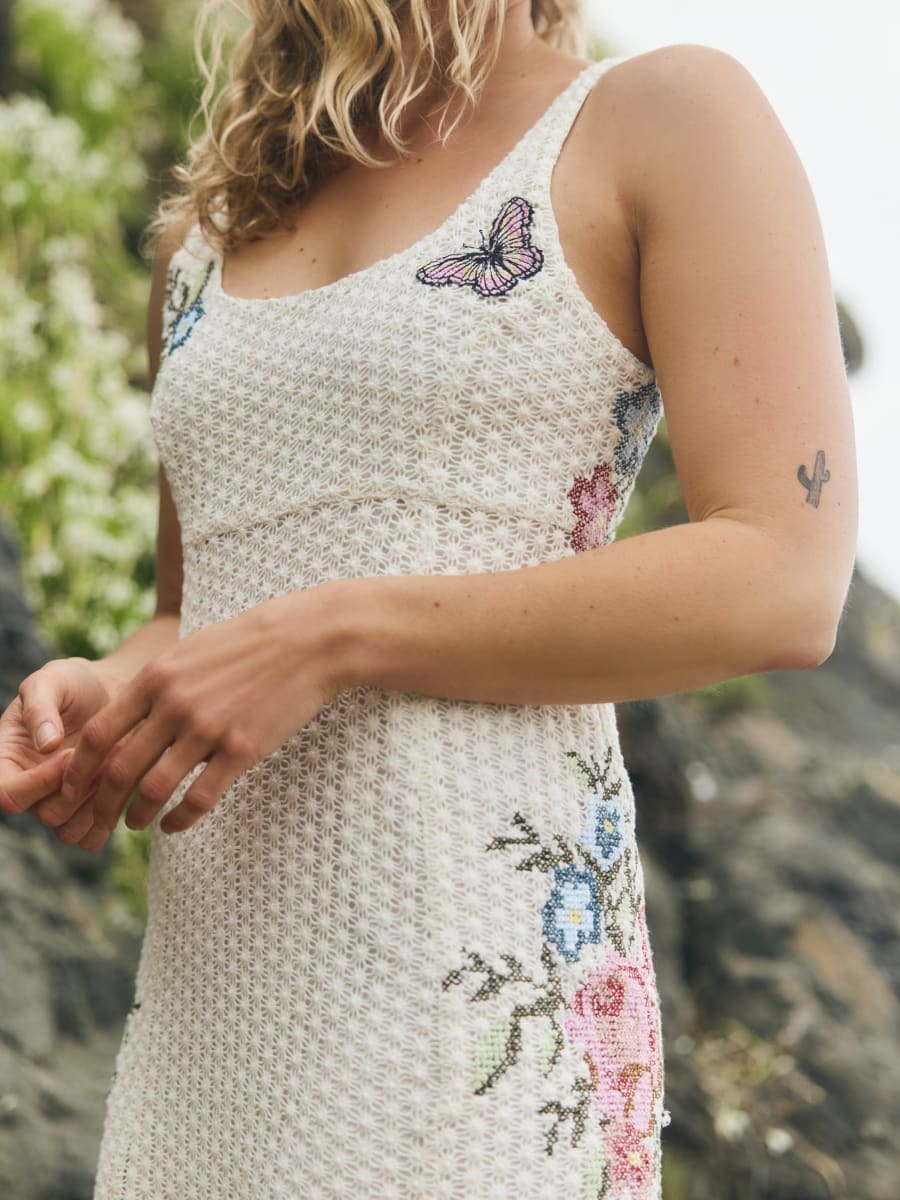 Addie Mini Dress - Cream Crochet/Multicolor Floral Embroidery