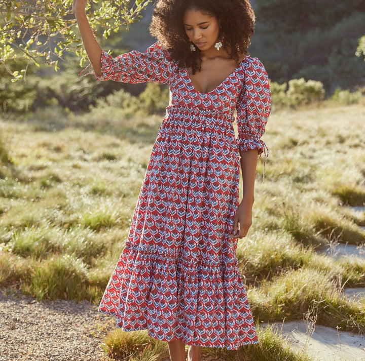 Hayley Puff Sleeve Midi Dress - Carmine/Crimson Floral