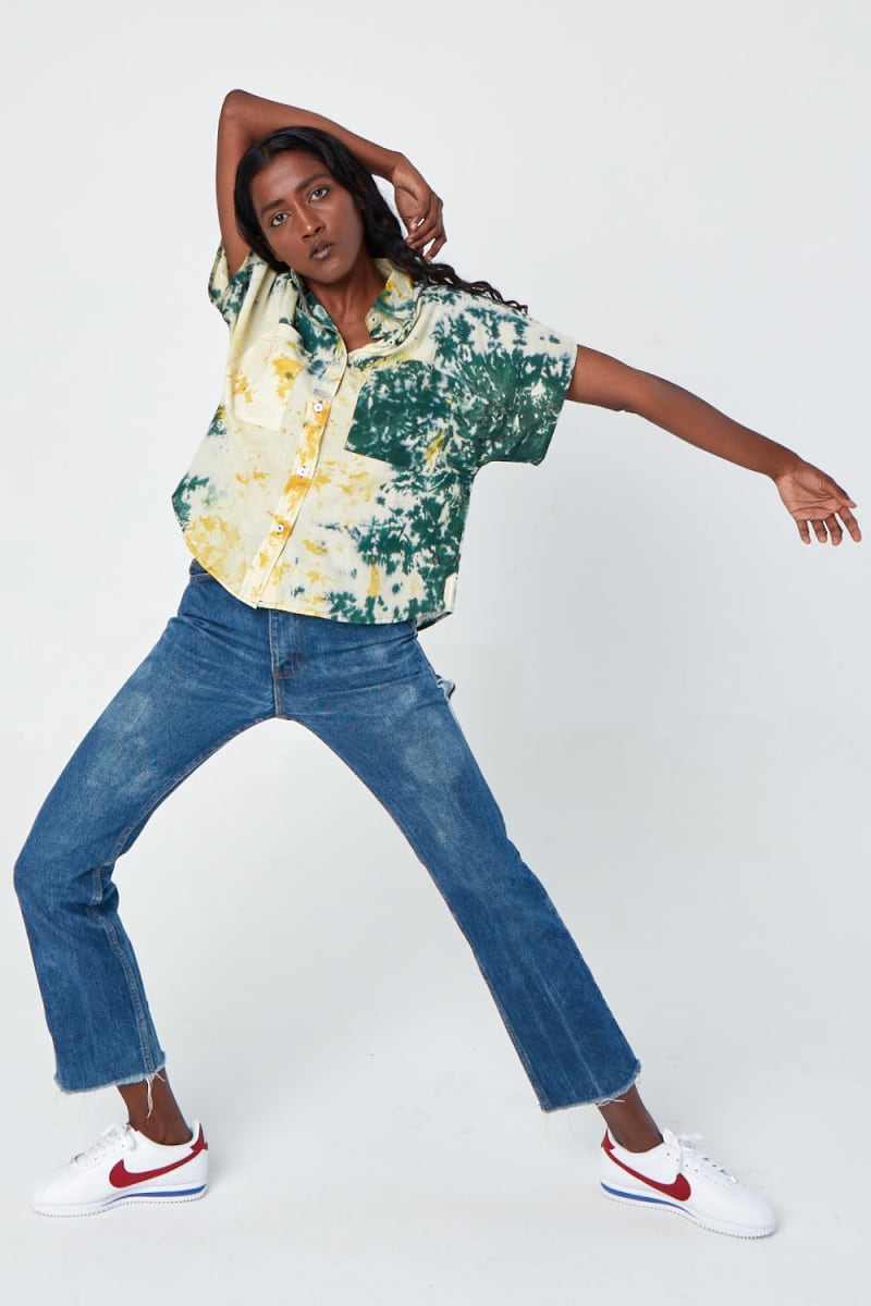 'The Tara' Hand Dyed Drop Sleeve Shirt - Green Yellow And White Tie Dye