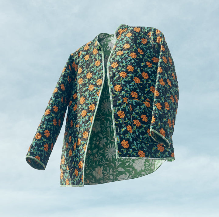 Nancy Reversible Quilted Jacket - Fern/Ivory Floral & Faded Black/Bright Clementine/Moss Floral Prints