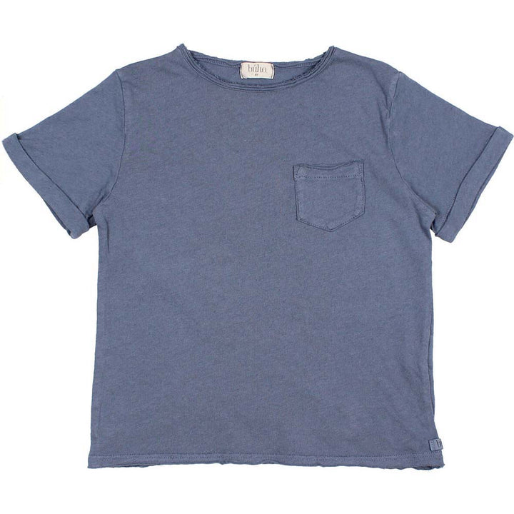 Pocket Rolled Sleeves Linen Tee Shirt - Blue