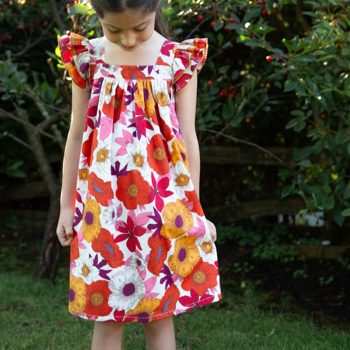 Girls Everly Square Neck Dress - Red And Orange Floral Medley
