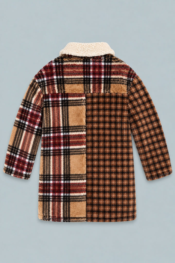 Faux Fur Contrast Plaid Coat - Brown/Camel