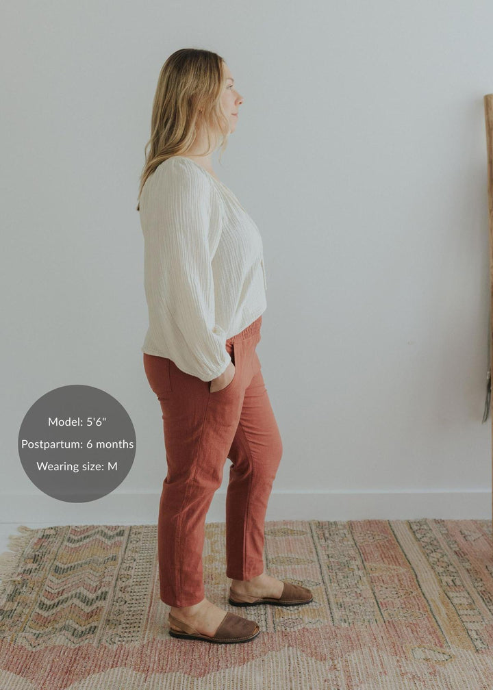 Adult Plus Size Transitional Maternity Smocked Linen Pant - Cinnamon