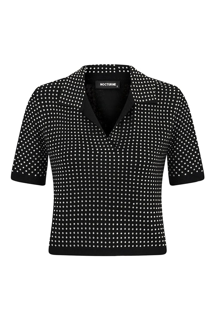 Rhinestone Embroidered Knitwear Top - Black-Silver