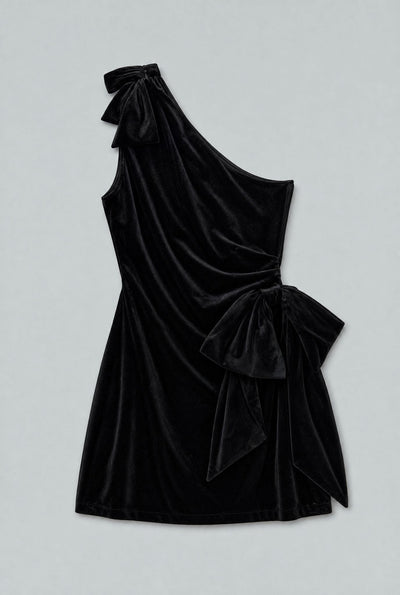 One Shoulder Bow Mini Dress - Black