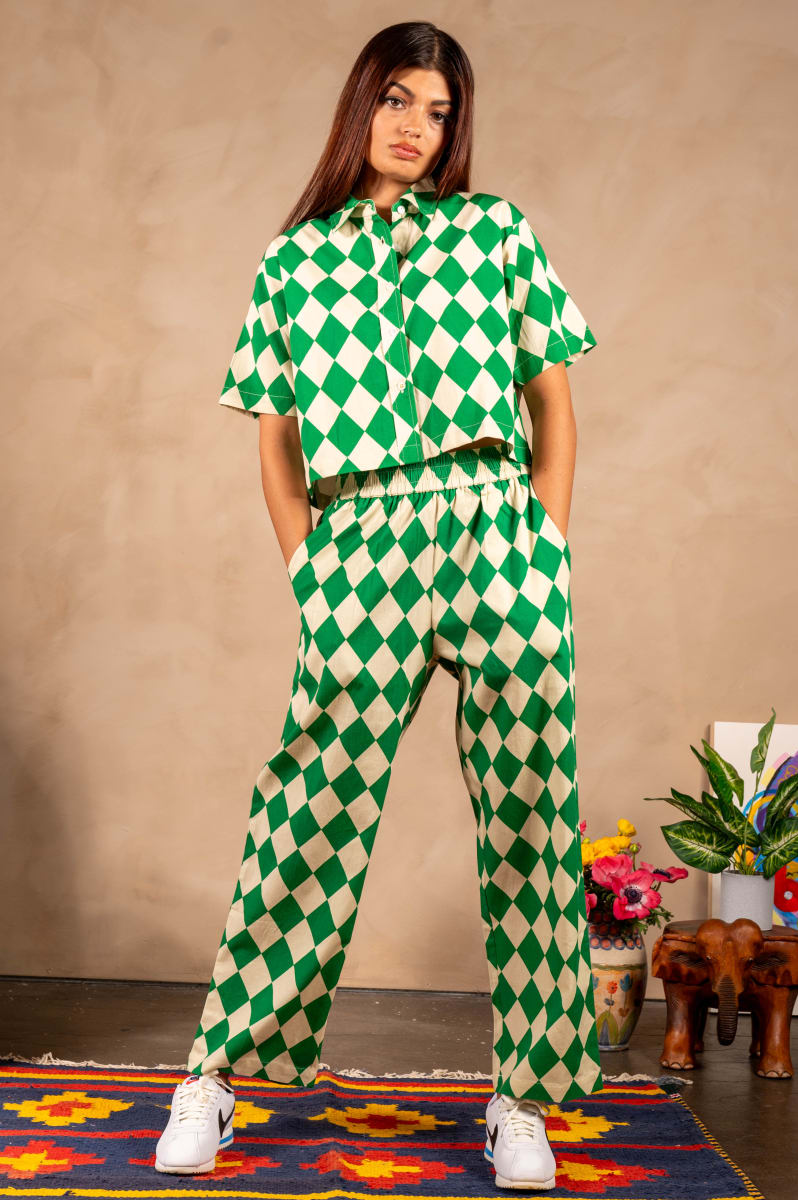 Hand Printed 'Seema' Pants - Green And Beige Rhombus