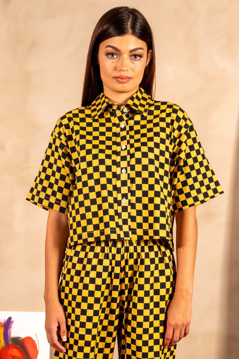 Hand Printed 'The Cami' Crop Shirt - Yellow And Black Checkers