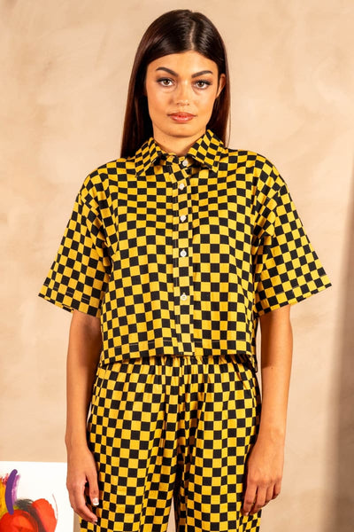 Hand Printed 'The Cami' Crop Shirt - Yellow And Black Checkers