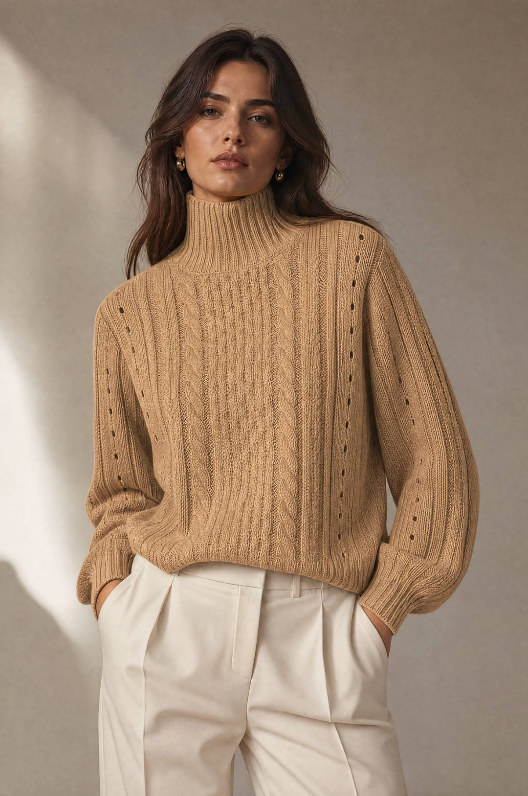 Cableknit Turtleneck Sweater - Tan