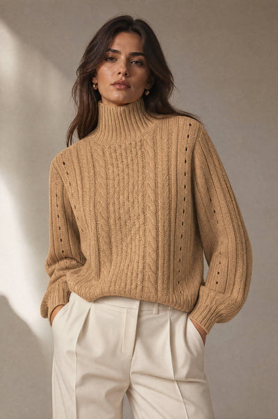 Cableknit Turtleneck Sweater - Tan